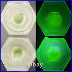 US Glass Art Nouveau Uranium Vaseline Glass Hexagonal Candlestick Set USA 8t