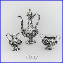 Unger Brothers Repousse Floral 3 Piece Demitasse Set Sterling Silver
