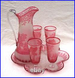 VAL ST LAMBERT French Art Nouveau Cranberry Cameo Glass Juice Set 6 Pcs