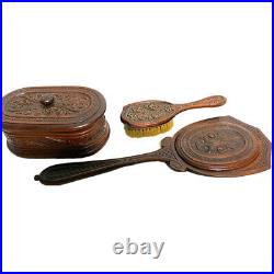 Vanity 3 pieces Set Art Nouveau Carved Walnut Brushes Mirror Jewelry Box