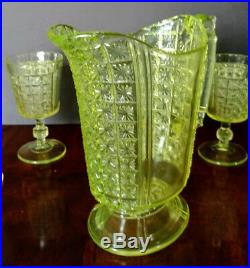Vaseline Glass Richards & Hartley 1880 Daisy Panel Pitcher with8-6.25 Glass Set