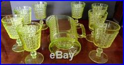 Vaseline Glass Richards & Hartley 1880 Daisy Panel Pitcher with8-6.25 Glass Set