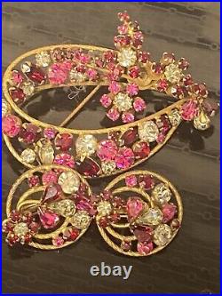 Vendome Pink Purple Clear Rhinestone Brooch Earring Demi Set Art Nouveau