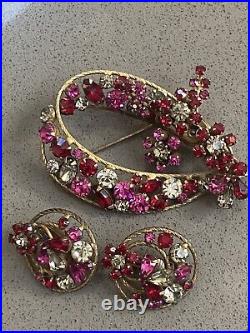 Vendome Pink Purple Clear Rhinestone Brooch Earring Demi Set Art Nouveau