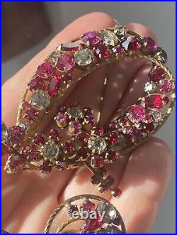 Vendome Pink Purple Clear Rhinestone Brooch Earring Demi Set Art Nouveau