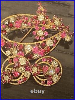 Vendome Pink Purple Clear Rhinestone Brooch Earring Demi Set Art Nouveau