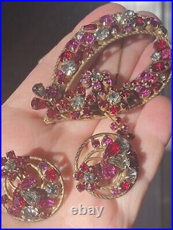 Vendome Pink Purple Clear Rhinestone Brooch Earring Demi Set Art Nouveau