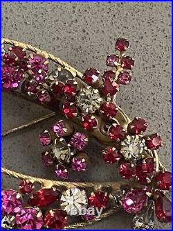 Vendome Pink Purple Clear Rhinestone Brooch Earring Demi Set Art Nouveau