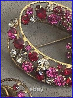 Vendome Pink Purple Clear Rhinestone Brooch Earring Demi Set Art Nouveau