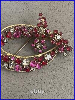 Vendome Pink Purple Clear Rhinestone Brooch Earring Demi Set Art Nouveau