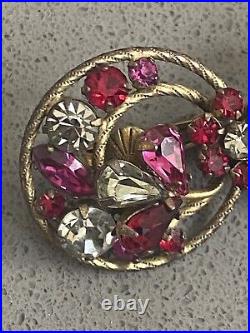 Vendome Pink Purple Clear Rhinestone Brooch Earring Demi Set Art Nouveau