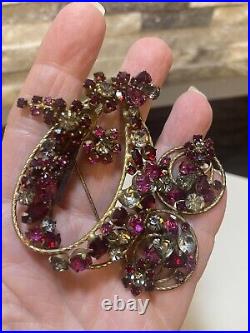 Vendome Pink Purple Clear Rhinestone Brooch Earring Demi Set Art Nouveau