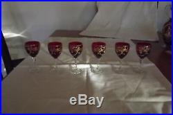 Venetian Deep Ruby Art Glass 7 Piece Cordial Set With Gold Painting