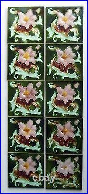 Very Fine Original Set of 10 Antique Art Nouveau LILY Fireplace Tiles Birmingham