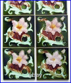 Very Fine Original Set of 10 Antique Art Nouveau LILY Fireplace Tiles Birmingham