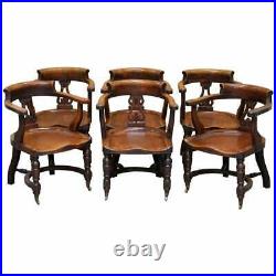 Very Rare Set Of Six Eton College Victorian Walnut Captains Chairs Carved Ec