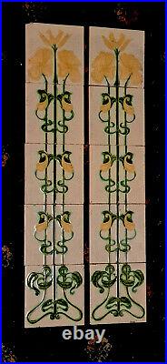 Very Stylish Original Set of 10 Antique Art Nouveau Fireplace Tiles Corn Bros