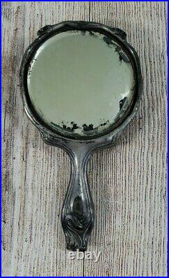 Victorian Art Nouveau Silver Plate Hand Mirror Brush Set Woman Vintage Antique