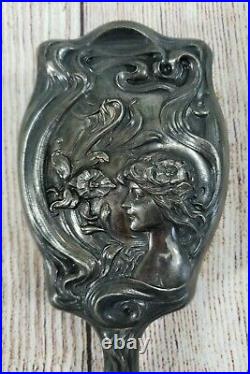 Victorian Art Nouveau Silver Plate Hand Mirror Brush Set Woman Vintage Antique
