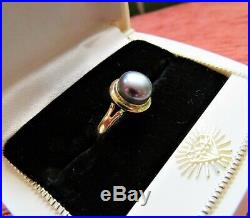 Vintage 14k Gold Ring Pierced Setting Inset Black Pearl Size 7 3/4 585