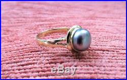 Vintage 14k Gold Ring Pierced Setting Inset Black Pearl Size 7 3/4 585