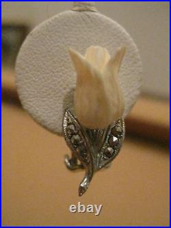Vintage, Antique, Silver Marcasite Pin & Earrings Set, Art Nouveau Flower