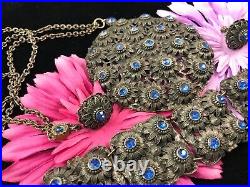 Vintage Art Nouveau Blue Rhinestone Necklace Bracelet Earring Set