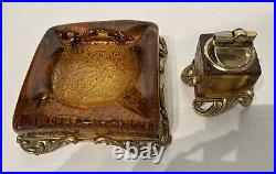 Vintage Art Nouveau Brass and Amber Glass Ashtray Lighter Set MCM