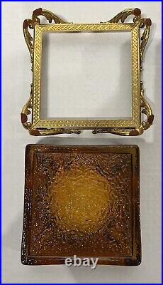 Vintage Art Nouveau Brass and Amber Glass Ashtray Lighter Set MCM