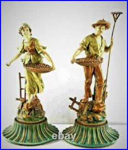 Vintage Art Nouveau Enameled Spelter Figurines Set Of French Peasant Farmers
