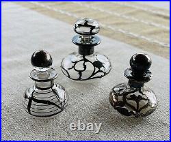 Vintage Art Nouveau Glass Perfume Bottles Silver Overlay Set Of 3