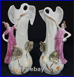 Vintage Art Nouveau Porcelain Swan & Lady Figurine Vase Set Whimsical Figurines