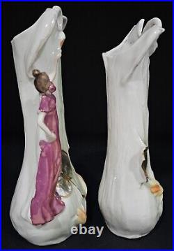 Vintage Art Nouveau Porcelain Swan & Lady Figurine Vase Set Whimsical Figurines