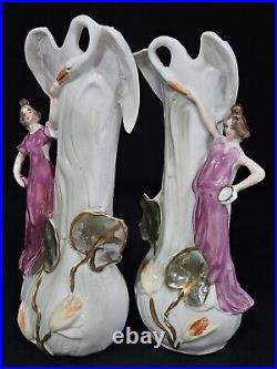 Vintage Art Nouveau Porcelain Swan & Lady Figurine Vase Set Whimsical Figurines