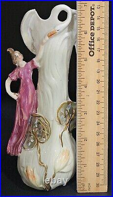 Vintage Art Nouveau Porcelain Swan & Lady Figurine Vase Set Whimsical Figurines