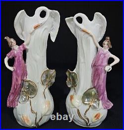 Vintage Art Nouveau Porcelain Swan & Lady Figurine Vase Set Whimsical Figurines