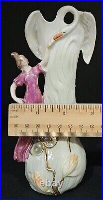 Vintage Art Nouveau Porcelain Swan & Lady Figurine Vase Set Whimsical Figurines