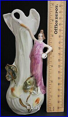 Vintage Art Nouveau Porcelain Swan & Lady Figurine Vase Set Whimsical Figurines