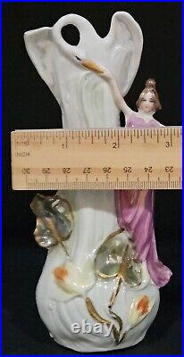 Vintage Art Nouveau Porcelain Swan & Lady Figurine Vase Set Whimsical Figurines