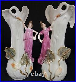 Vintage Art Nouveau Porcelain Swan & Lady Figurine Vase Set Whimsical Figurines