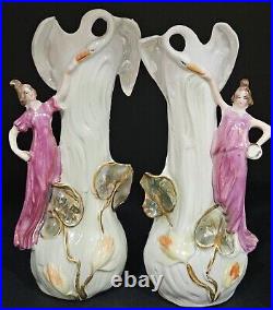 Vintage Art Nouveau Porcelain Swan & Lady Figurine Vase Set Whimsical Figurines