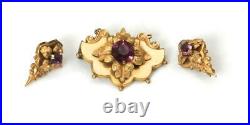 Vintage Art Nouveau Purple Rhinestone Gold Tone Brooch & Earring Set Suite