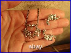 Vintage, Art Nouveau, Sterling Silver, Marcasite Swan Duet Necklace/Earring Set