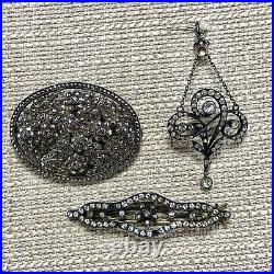 Vintage Art Nouveau Sterling Silver & Paste Crystal Lot with Steel Cut Brooch