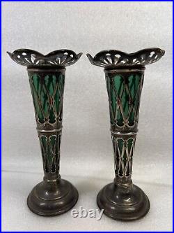 Vintage Art Nouveau William Aitken 1905 Sterling Silver Green Art Glass Vase Set