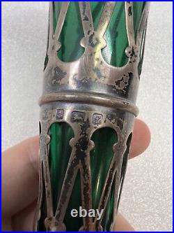 Vintage Art Nouveau William Aitken 1905 Sterling Silver Green Art Glass Vase Set