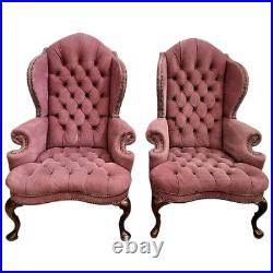 Vintage Art Nouveau Wingback Chairs Set of two Tufted Pink Suede Real Leather