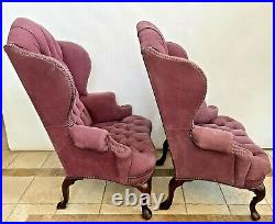 Vintage Art Nouveau Wingback Chairs Set of two Tufted Pink Suede Real Leather