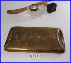 Vintage Brass German ART NOUVEAU Desk Set, Letter Opener, Inkwell, Stamp, Tray