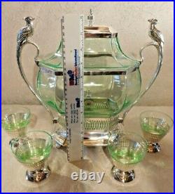 Vintage Cambridge Vaseline Glass Samovar Dispenser SET w bird figures on handles